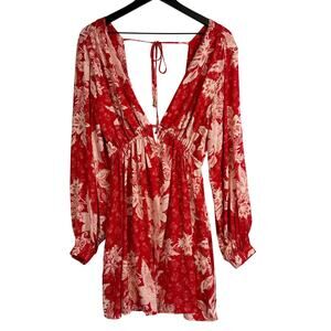 Free People Soli Mini Plunge Open Back Dress Red Floral - M